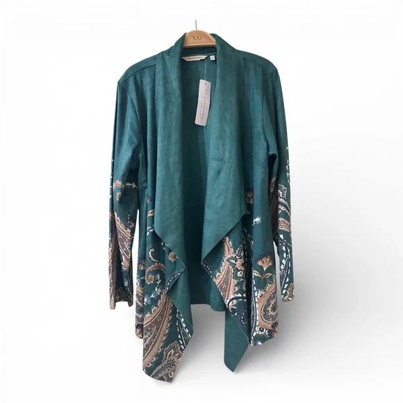 Soft Surroundings Faux Suede Paisley Open Front Waterfall Jacket Boho M NWT - Picture 1 of 10
